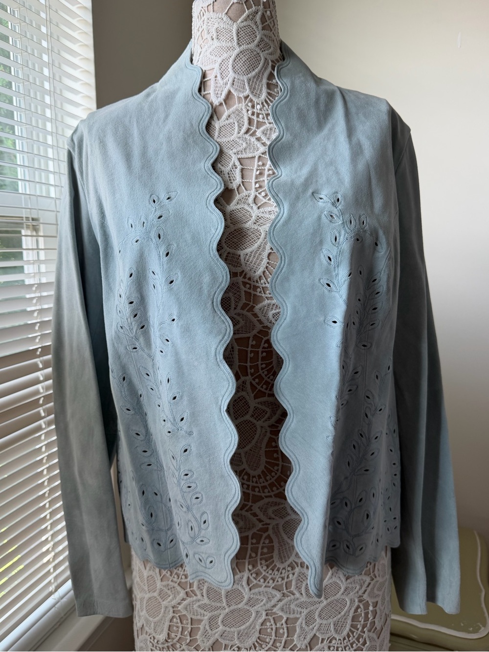 NWT Coldwater Creek Light Blue Suede open Front Jacket Scallop Edge Medium